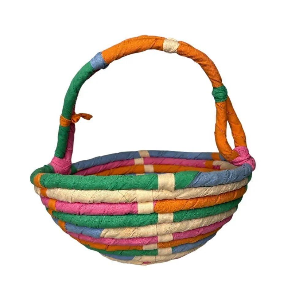 Vintage Rolled Rag Basket Cloth Woven Handmade Red Blue Orange Pink